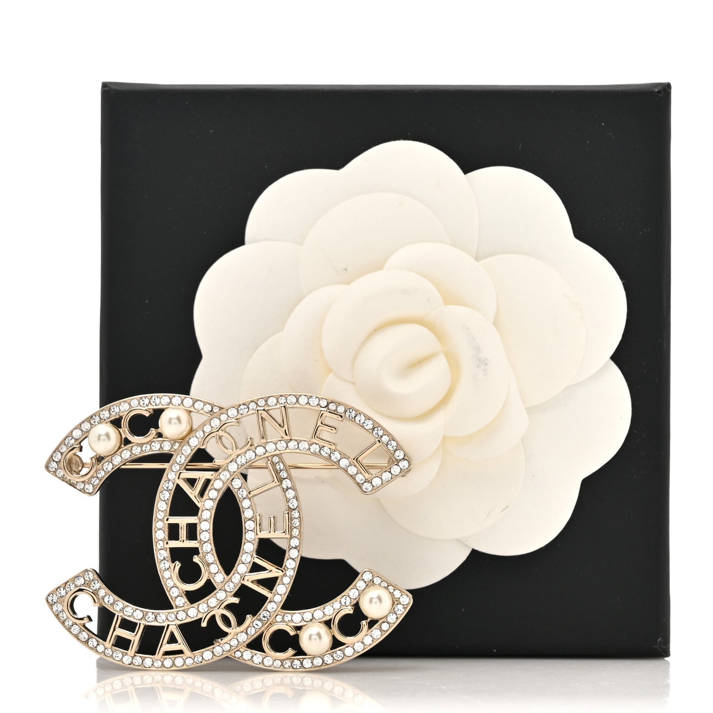 Crystal Pearl Coco CC Logo Brooch Gold