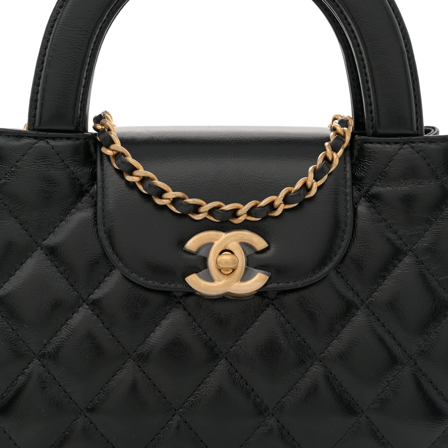 Shiny Aged Calfskin Quilted Nano Kelly Shopper Black
