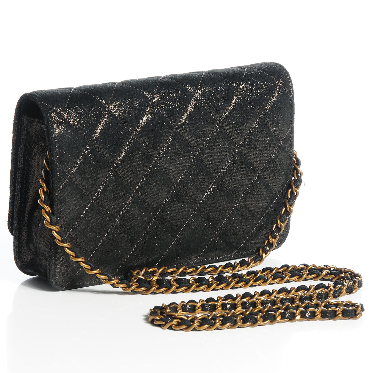 Iridescent Calfskin Quilted Tartan Button Wallet on Chain WOC Black
