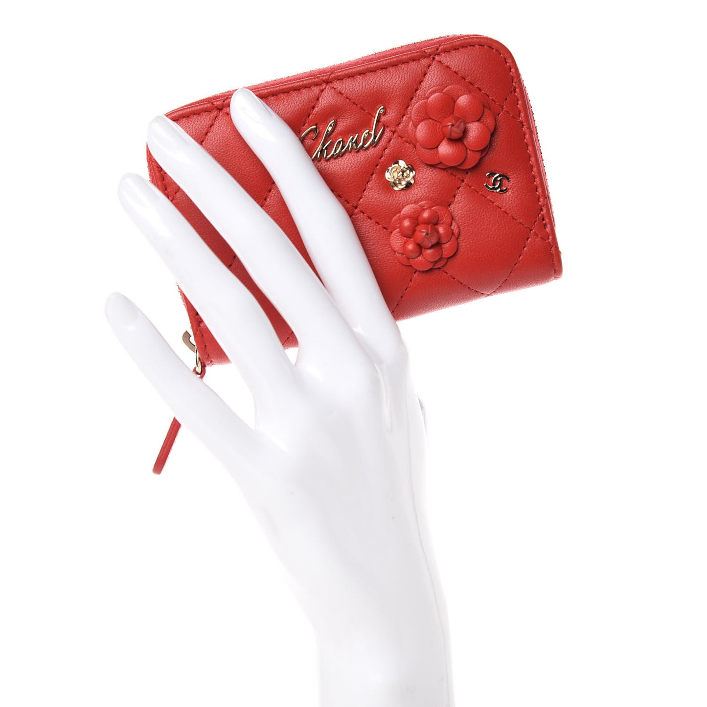 Lambskin Quilted Camellia Zip Coin Purse Red