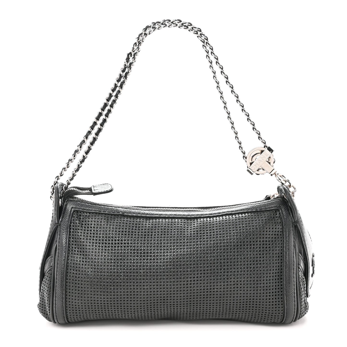 Calfskin Perforated Pulley Shoulder Bag Black