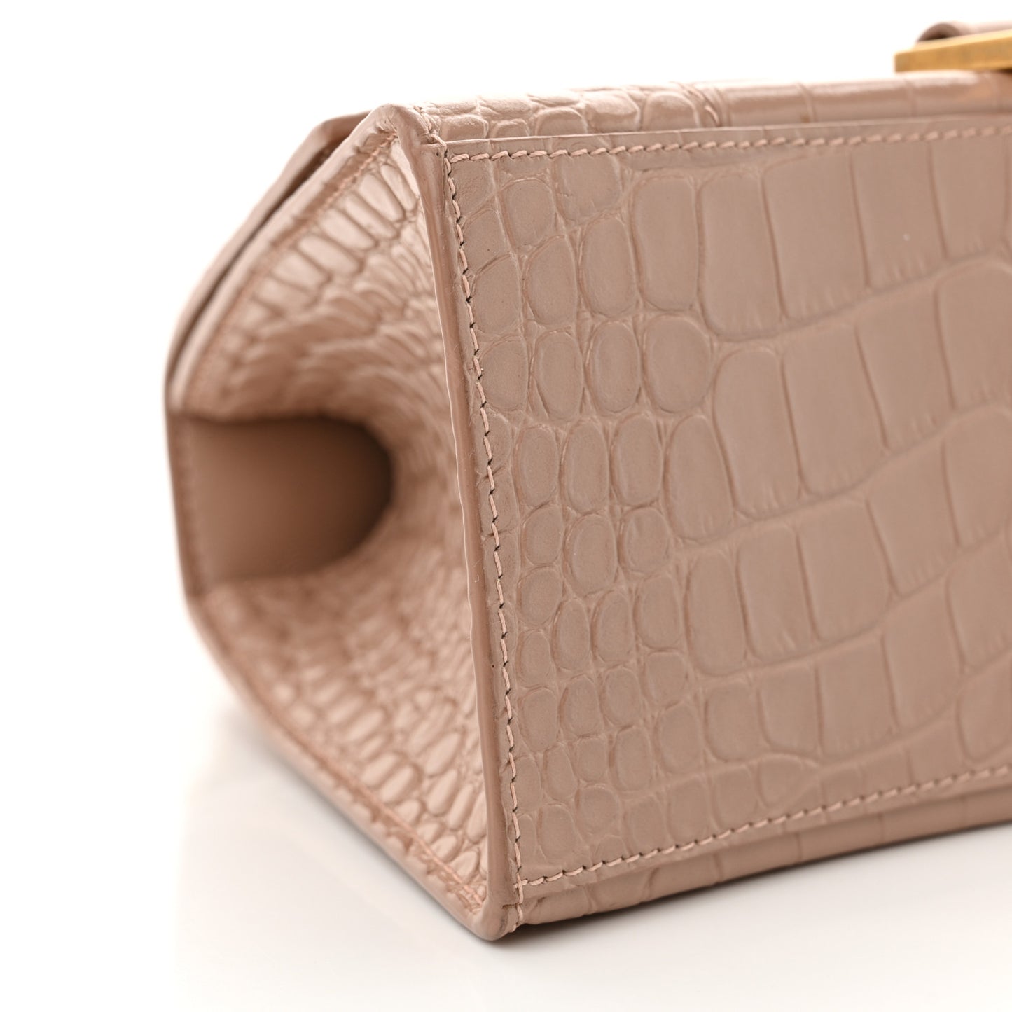 Shiny Calfskin Crocodile Embossed Small Hourglass Top Handle Bag Nude Beige