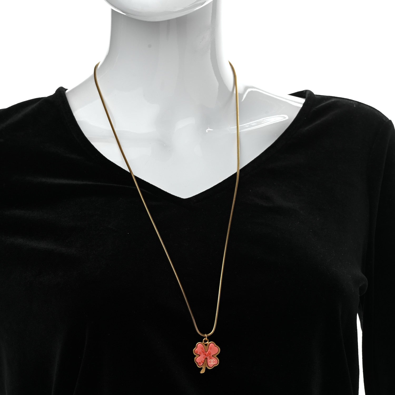 Chanel Four Leaf Clover Pendant Necklace Orange Gold 2 of 4