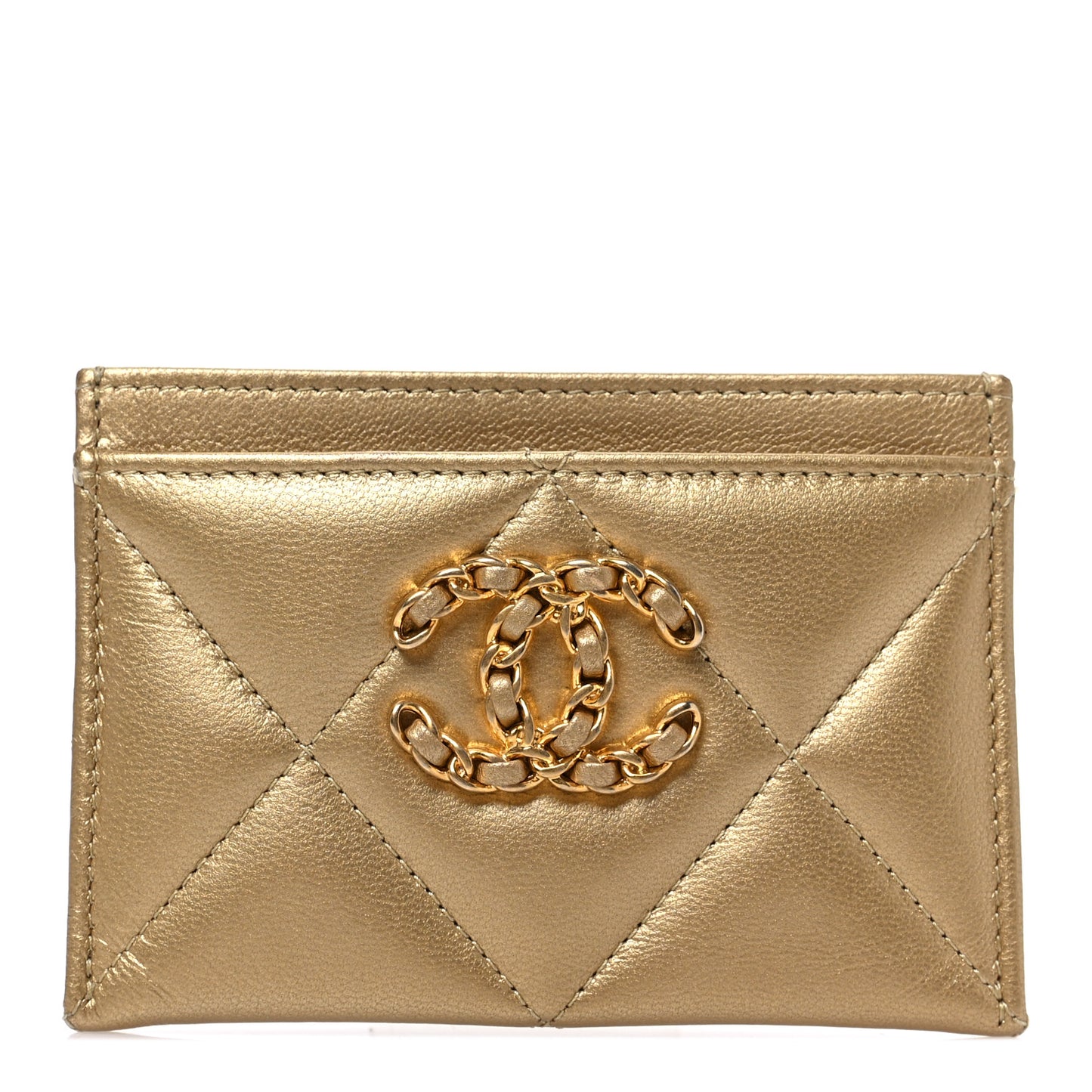 Metallic Lambskin Quilted Chanel 19 Card Holder Gold