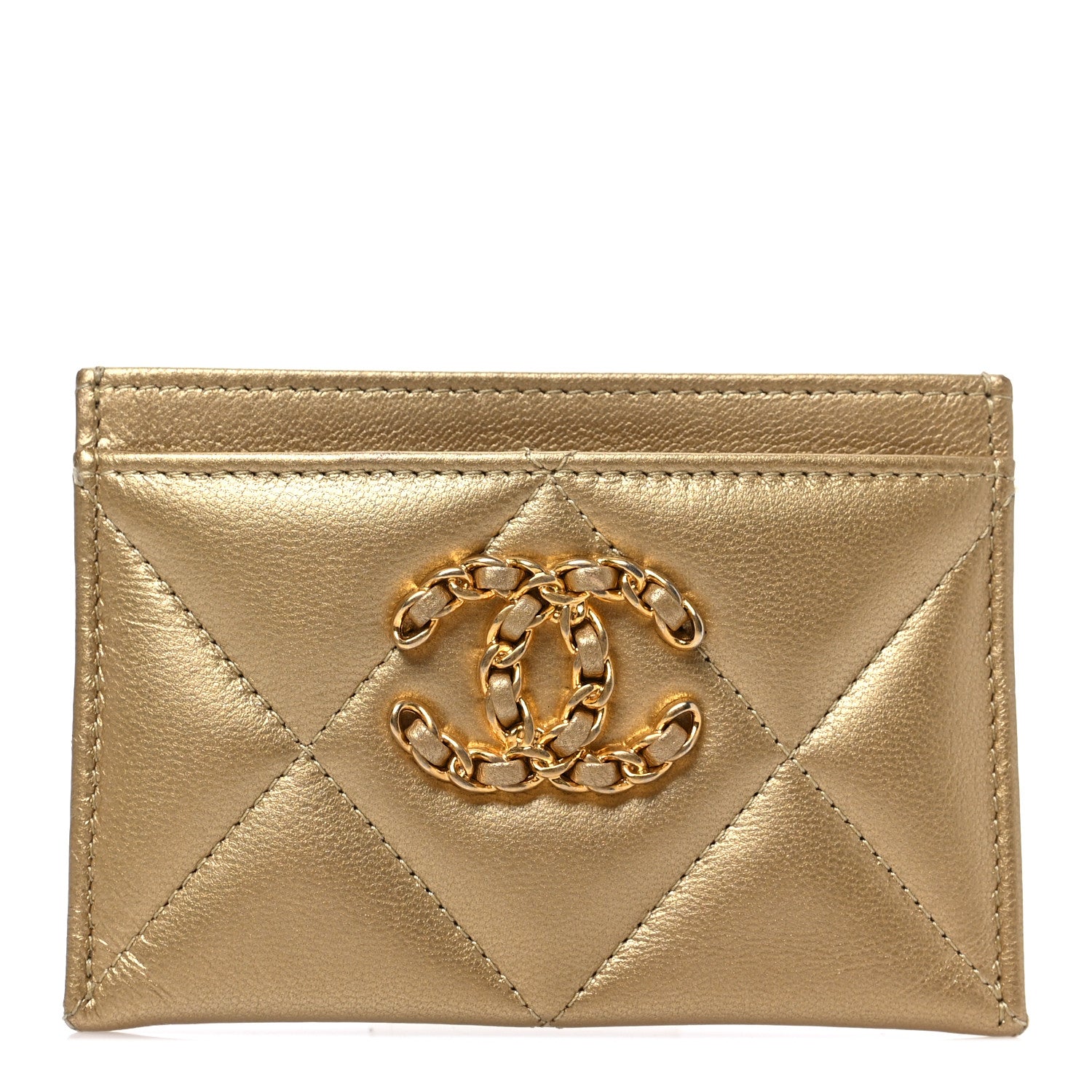 Chanel Metallic Lambskin Quilted Chanel 19 Card Holder Gold 1 of 9
