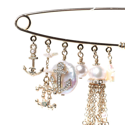 Chanel Pearl Crystal CC Charms Safety Pin Brooch Gold 3 of 4