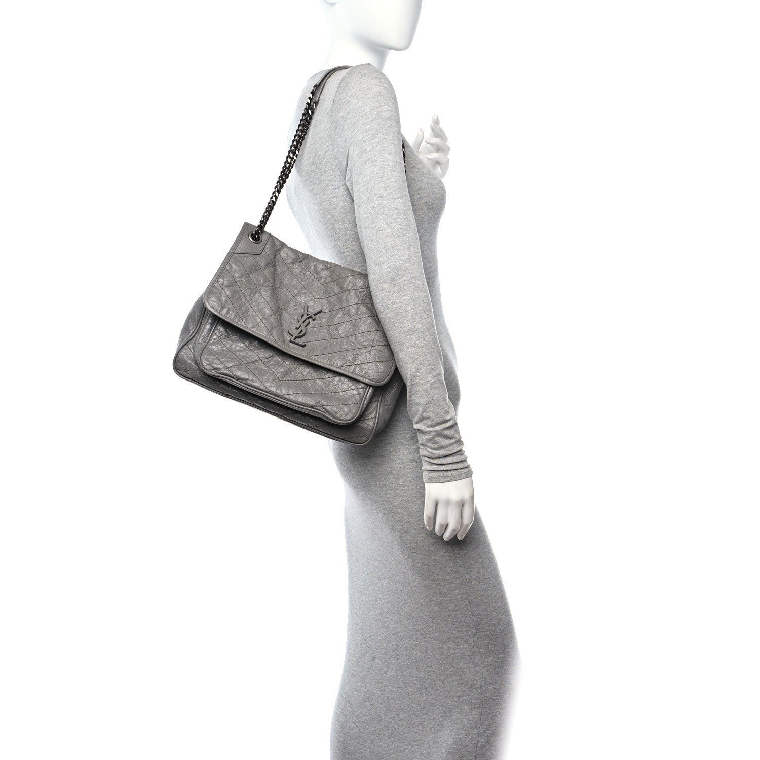 Saint Laurent Crinkled Calfskin Matelasse Monogram Large Niki Chain Satchel Fog 2 of 13