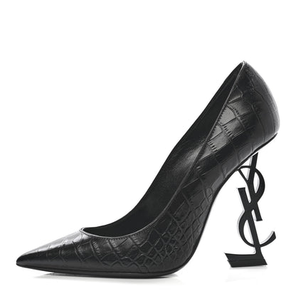 Saint Laurent Calfskin Crocodile Embossed Opyum 110 Pumps 35.5 Black 1 of 10