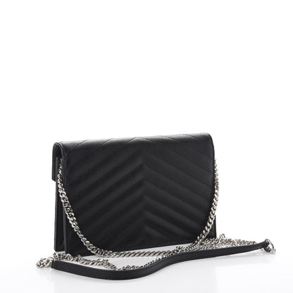 Saint Laurent Grain De Poudre Matelasse Chevron Monogram Envelope Chain Wallet Black 4 of 9