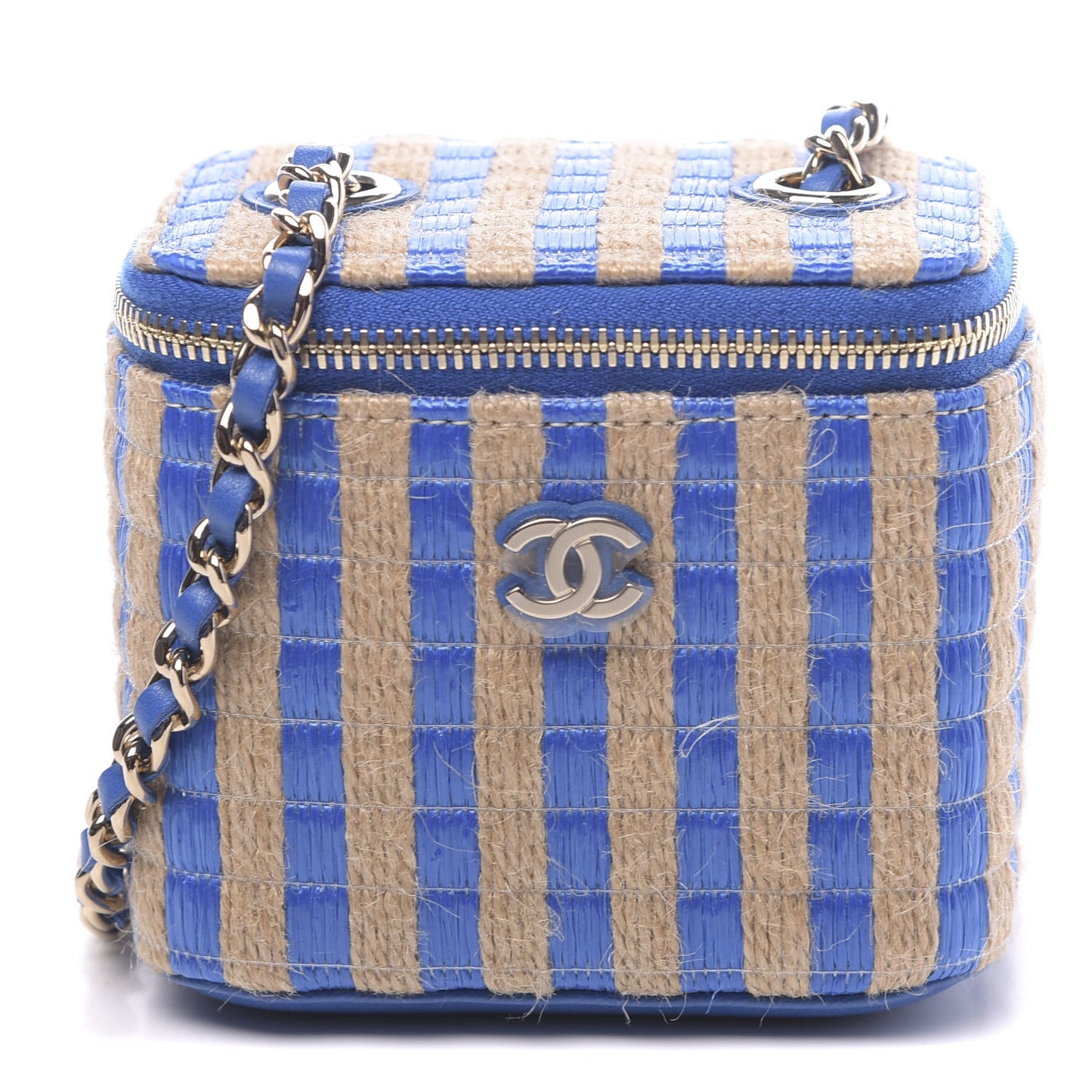 Raffia Jute Striped Mini Vanity Case With Chain Blue Beige