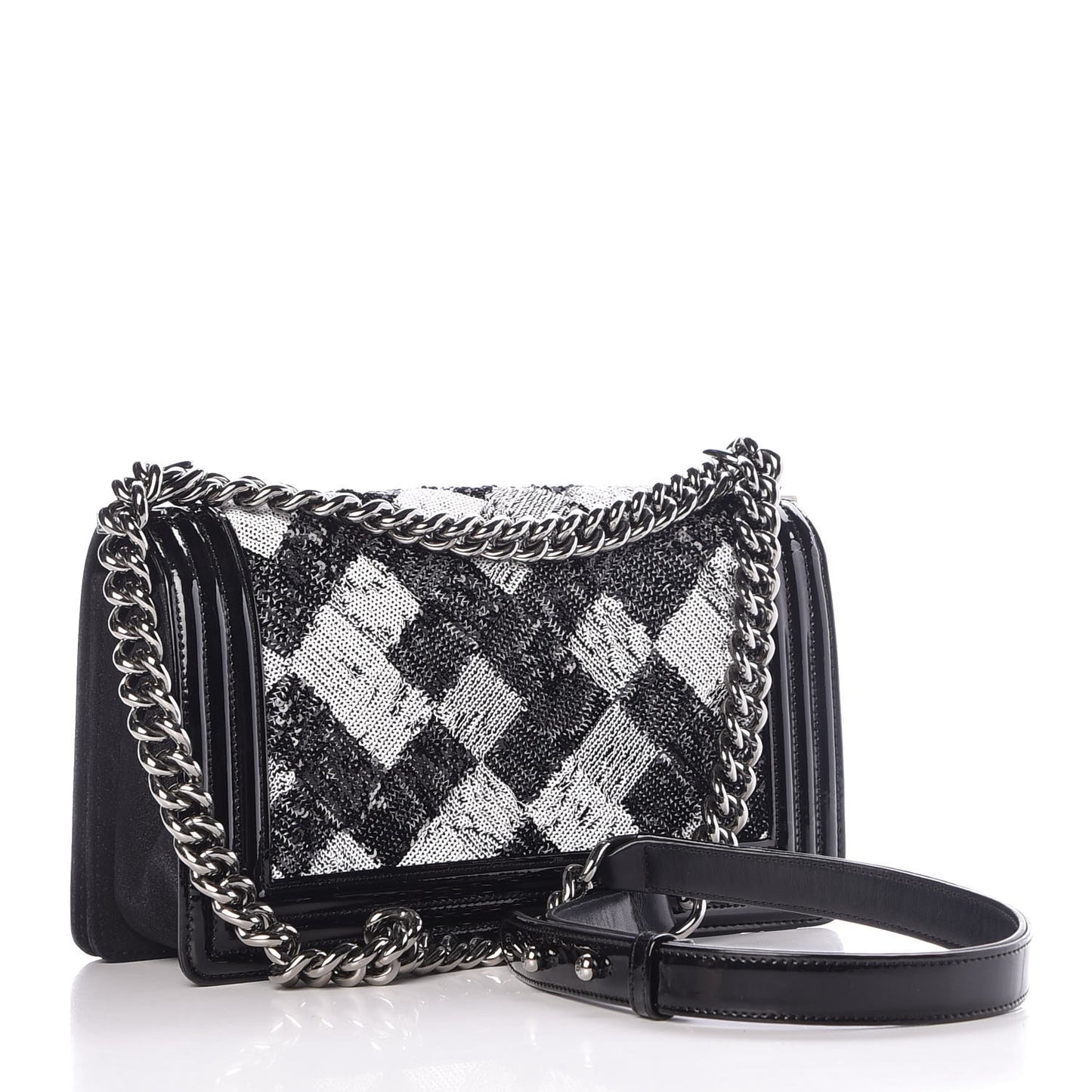 Patent Iridescent Calfskin Sequin Medium Boy Flap Bag Black