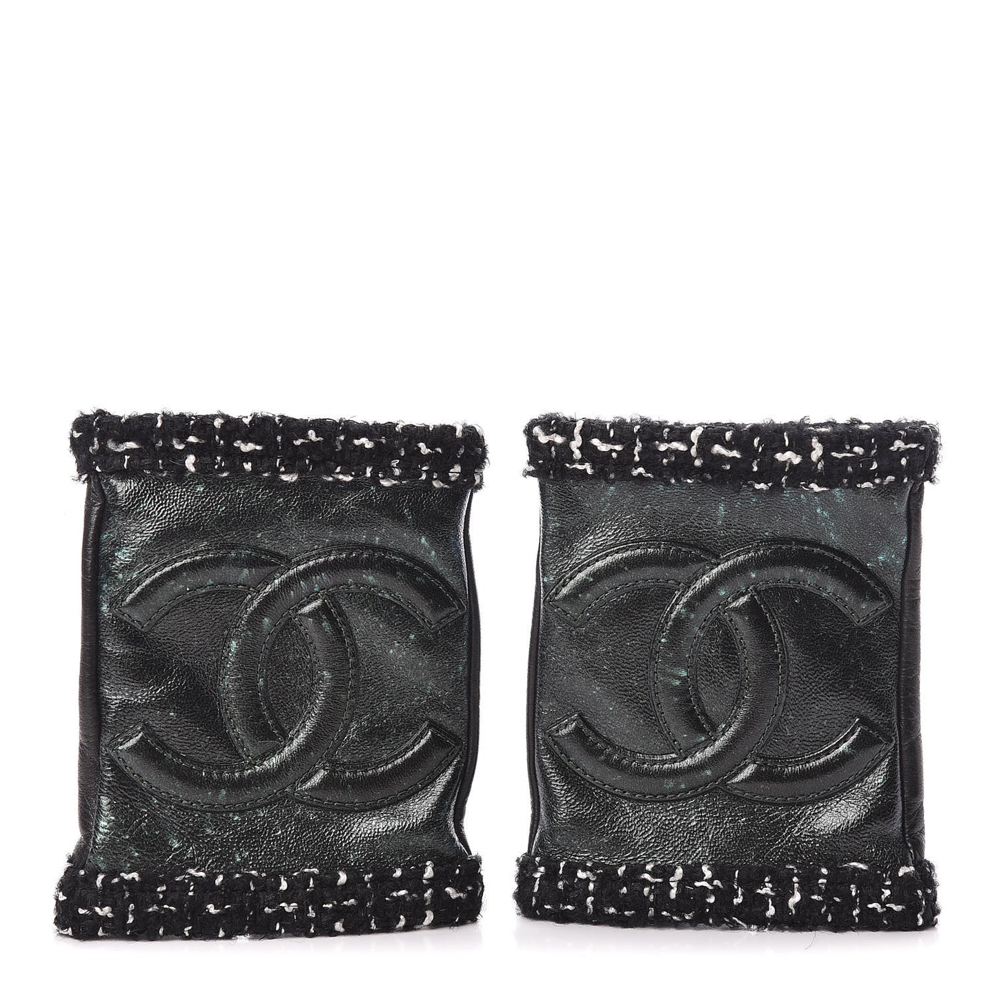Metallic Lambskin Tweed CC Fingerless Gloves 8 Black Green