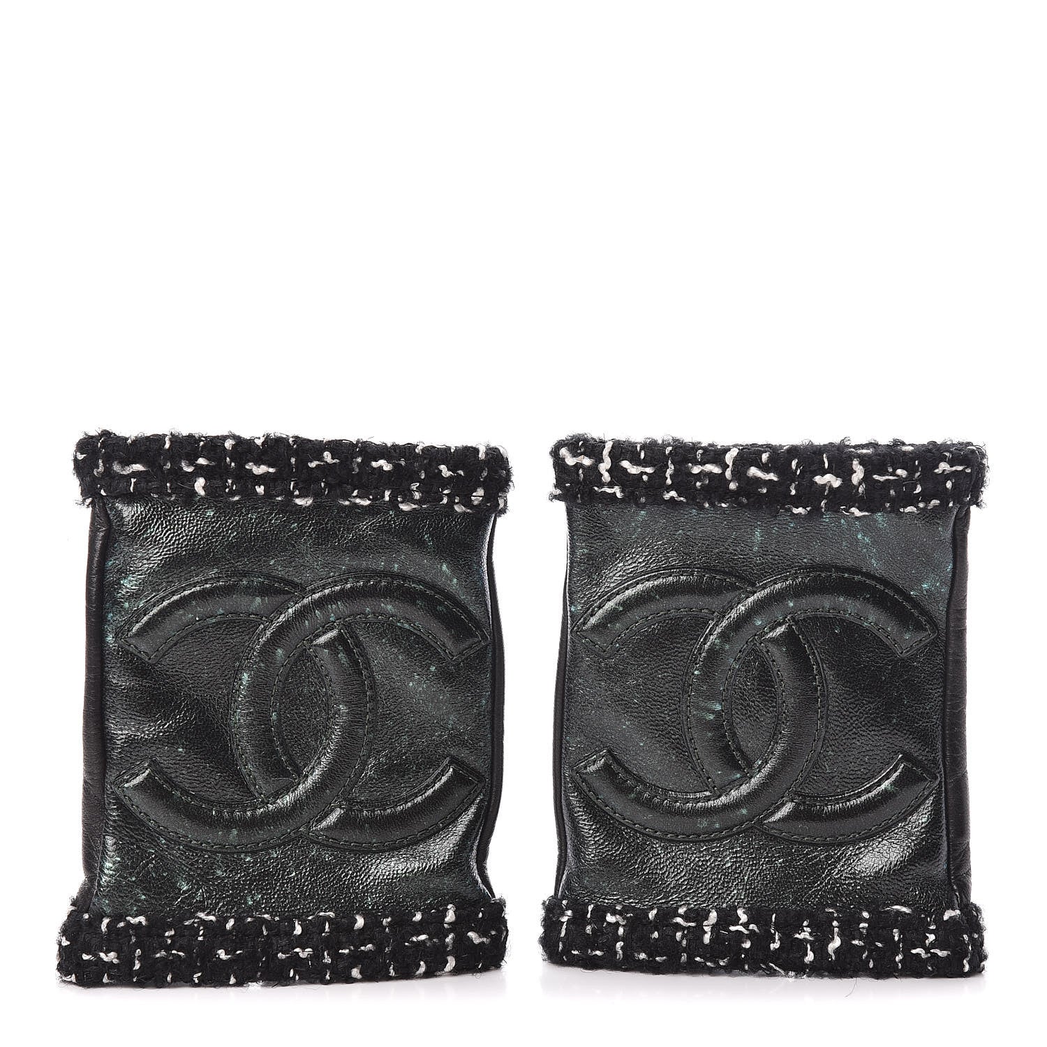 Chanel Metallic Lambskin Tweed CC Fingerless Gloves 8 Black Green 1 of 6