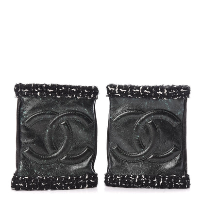Chanel Metallic Lambskin Tweed CC Fingerless Gloves 8 Black Green 1 of 6
