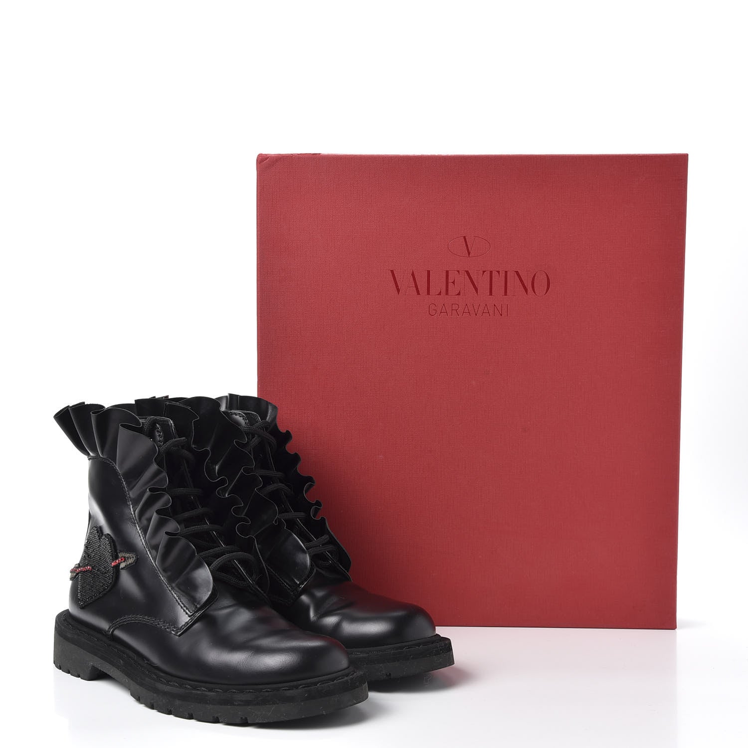 Valentino Garavani Calfskin Ruffle Heart Love Combat Boots 37.5 Black 10 of 10