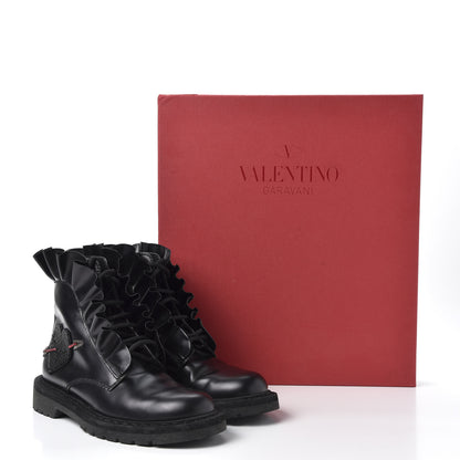 Valentino Garavani Calfskin Ruffle Heart Love Combat Boots 37.5 Black 10 of 10