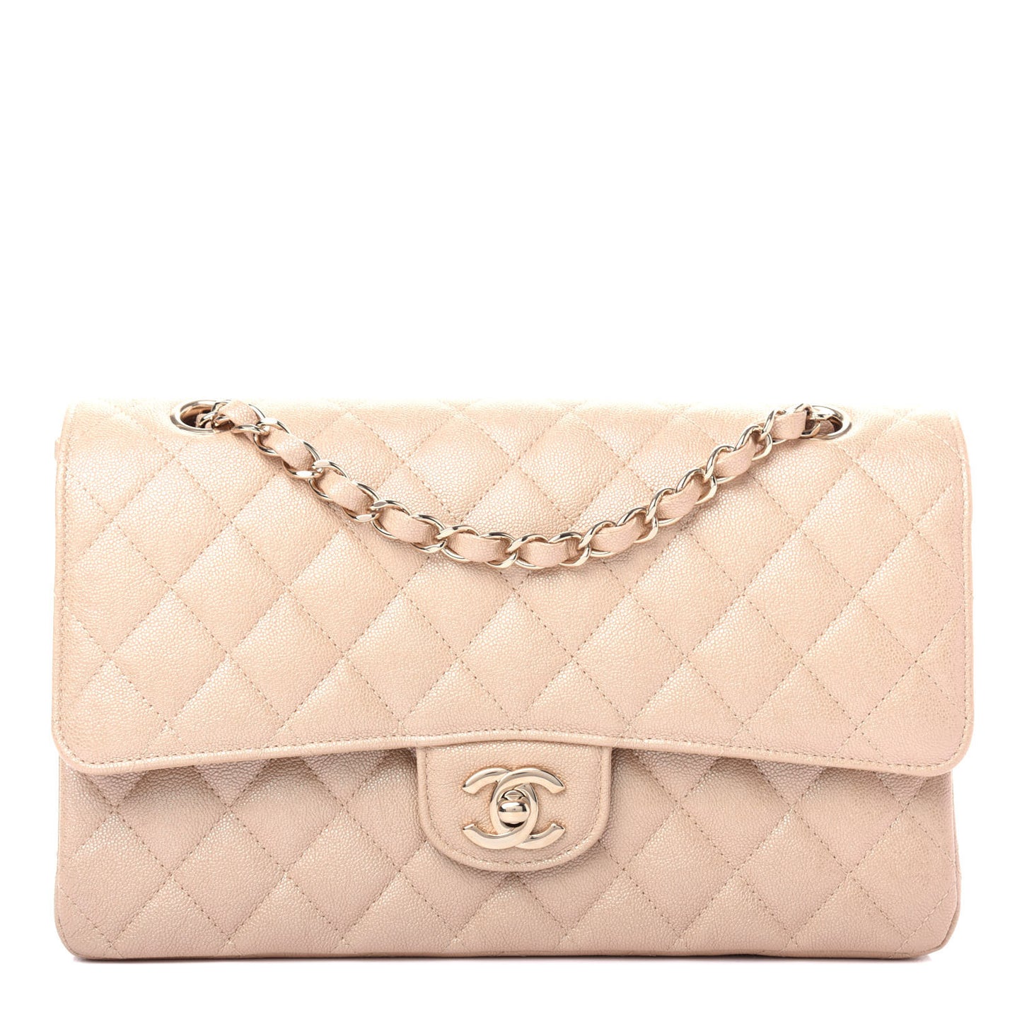 Iridescent Caviar Quilted Medium Double Flap Beige