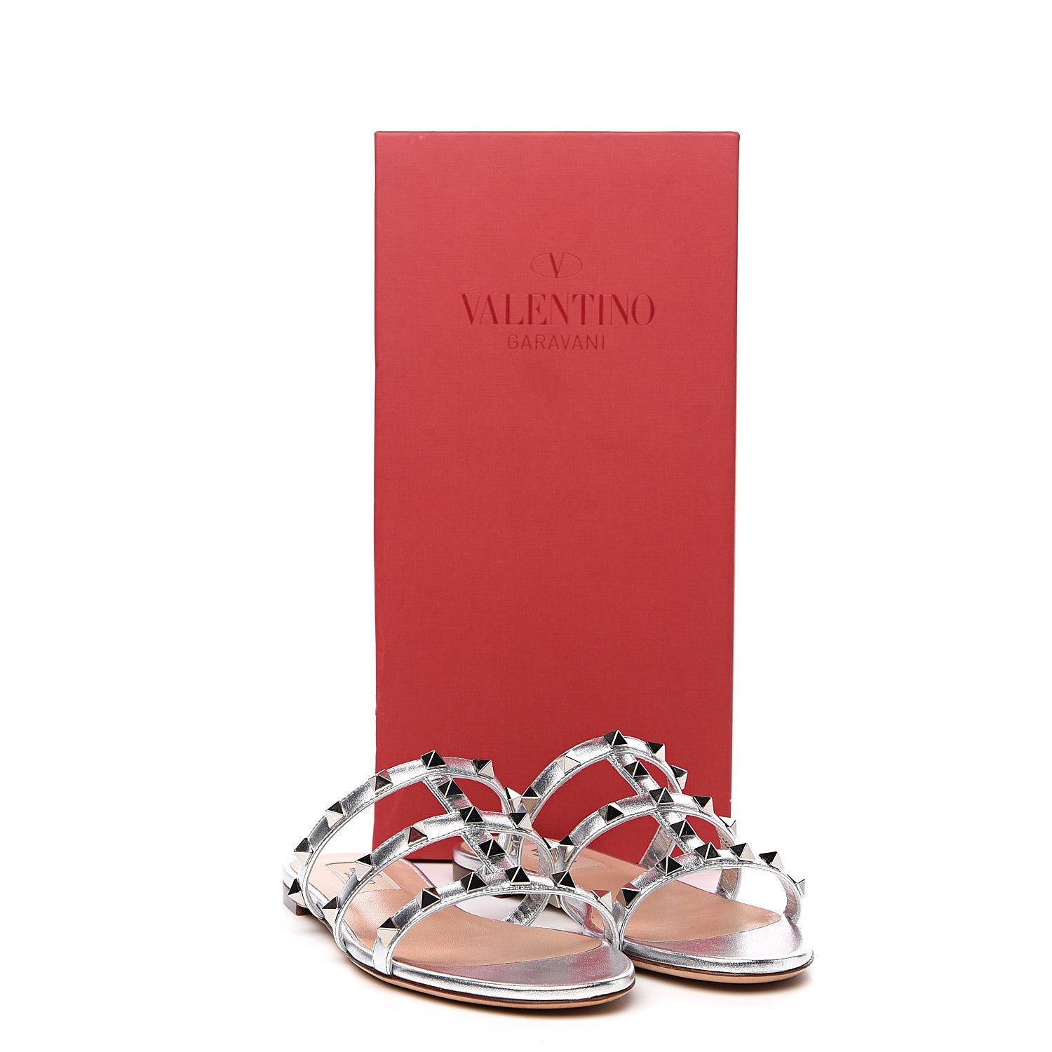 Valentino Garavani Metallic Nappa Rockstud Caged Flat Slide Sandals 35.5 Silver 9 of 9