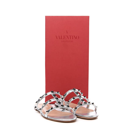 Valentino Garavani Metallic Nappa Rockstud Caged Flat Slide Sandals 35.5 Silver 9 of 9