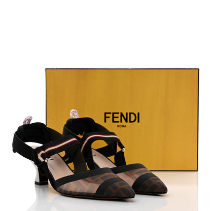 Fendi Technical Mesh FF Colibri 55mm Slingback Pumps 38 Tobacco Moro Black Militare 9 of 9