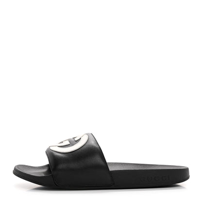 Gucci Nappa Miro Soft Calfskin Womens Interlocking G Slide Sandals 37 Black White 1 of 12