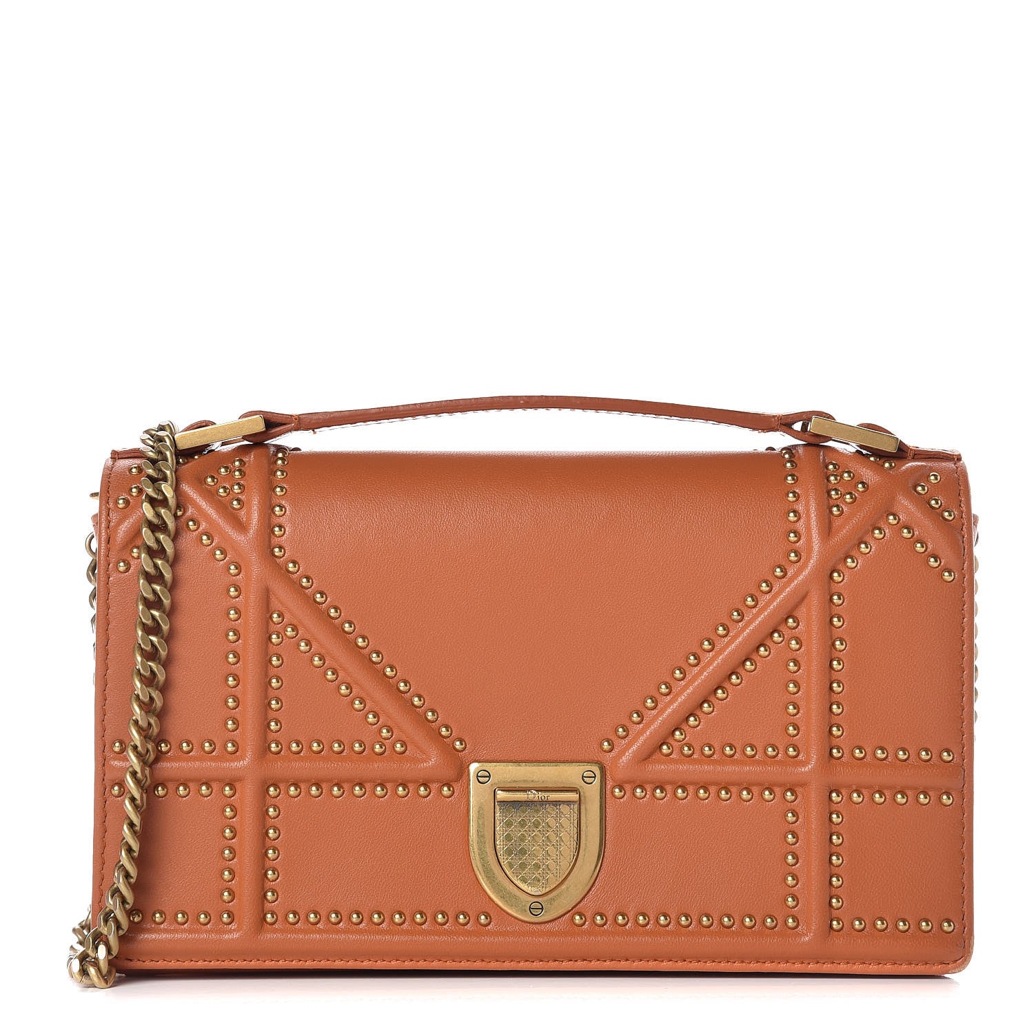 Christian Dior Calfskin Studded Diorama Top Handle Wallet on Chain Pouch Orange 3 of 14