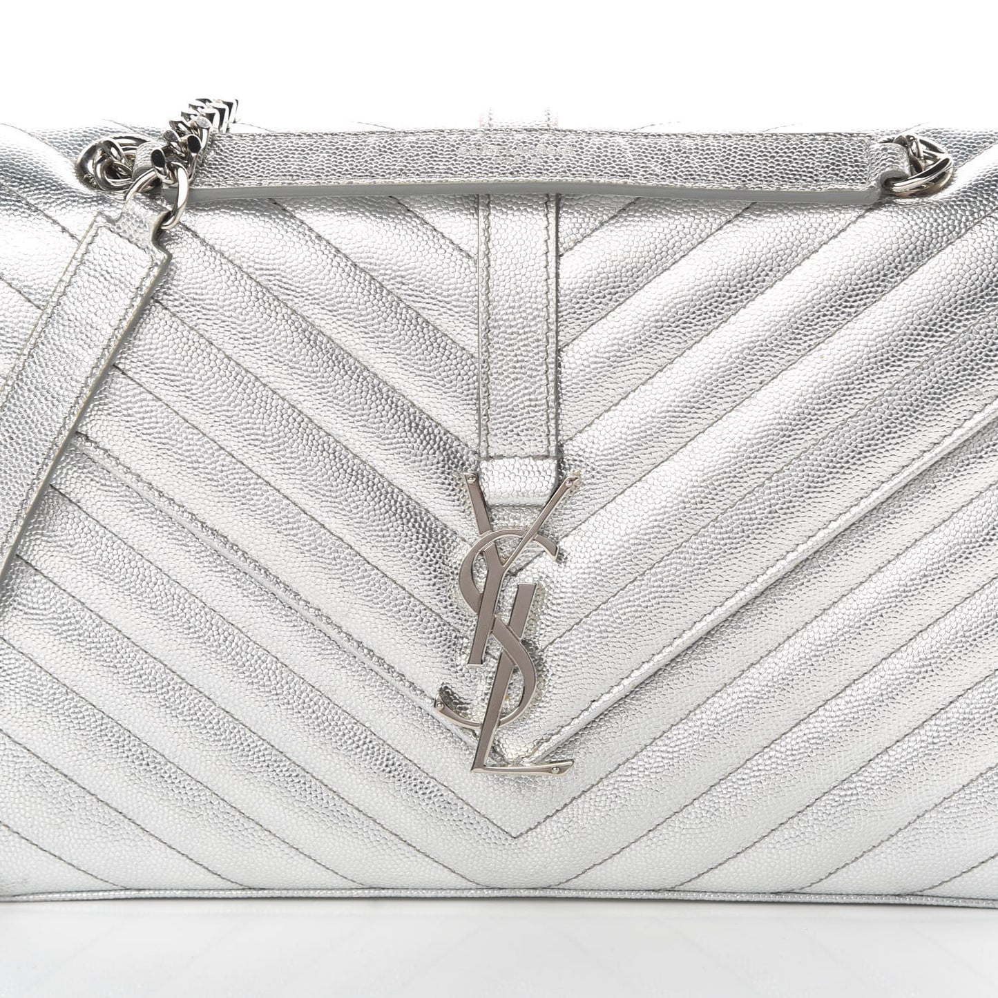 Metallic Grain De Poudre Matelasse Chevron Medium Monogram Satchel Silver