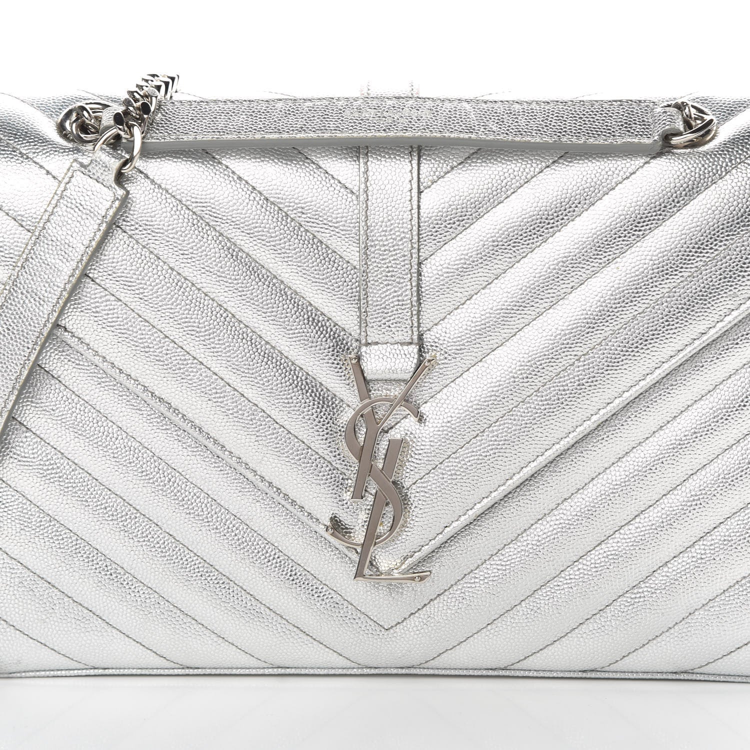 Saint Laurent Metallic Grain De Poudre Matelasse Chevron Medium Monogram Satchel Silver 8 of 17