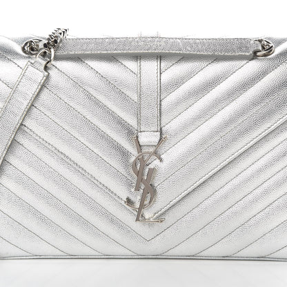 Saint Laurent Metallic Grain De Poudre Matelasse Chevron Medium Monogram Satchel Silver 8 of 17