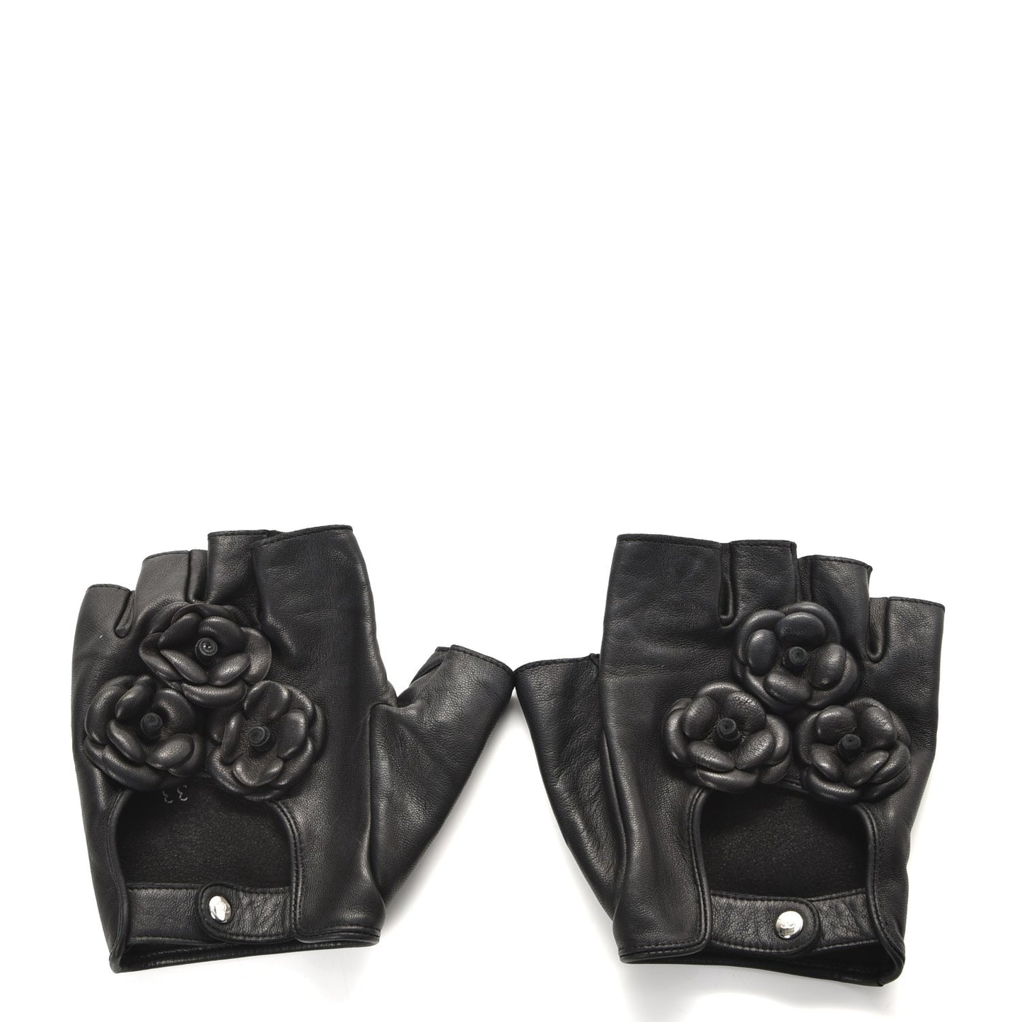 Lambskin Camellia Fingerless Gloves 8.5 Black