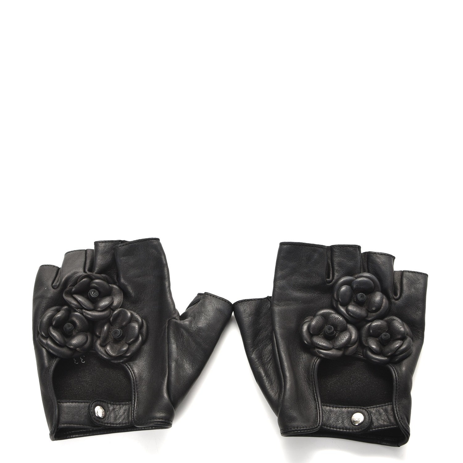 Chanel Lambskin Camellia Fingerless Gloves 8.5 Black 2 of 9