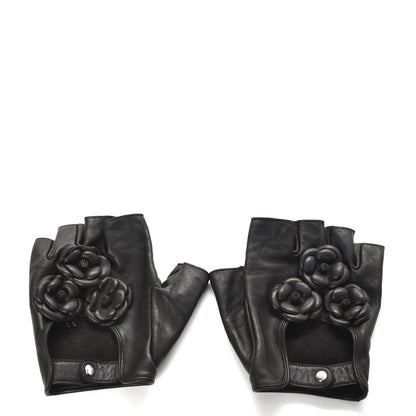 Chanel Lambskin Camellia Fingerless Gloves 8.5 Black 2 of 9