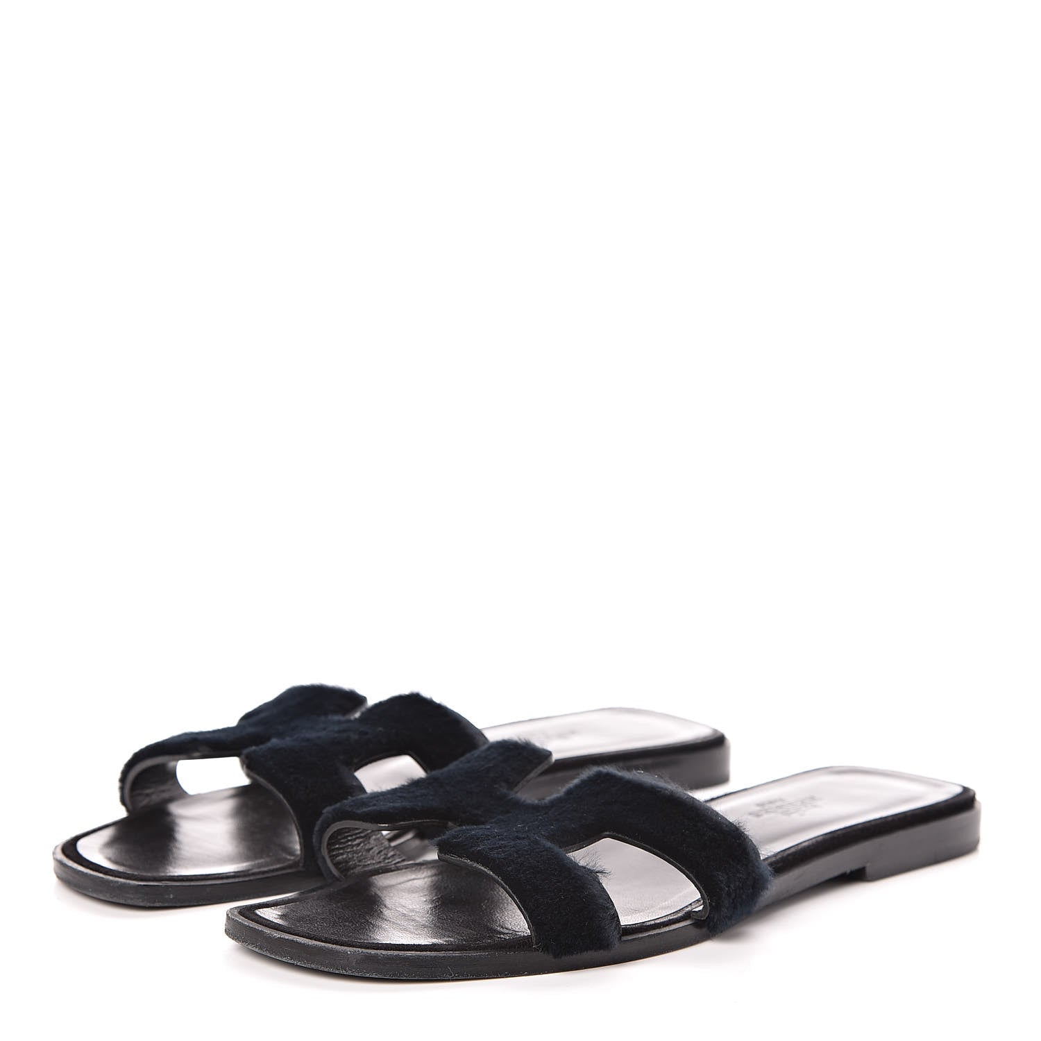 Hermes Sheared Mink Womens Oran Sandals 37 Black 3 of 7