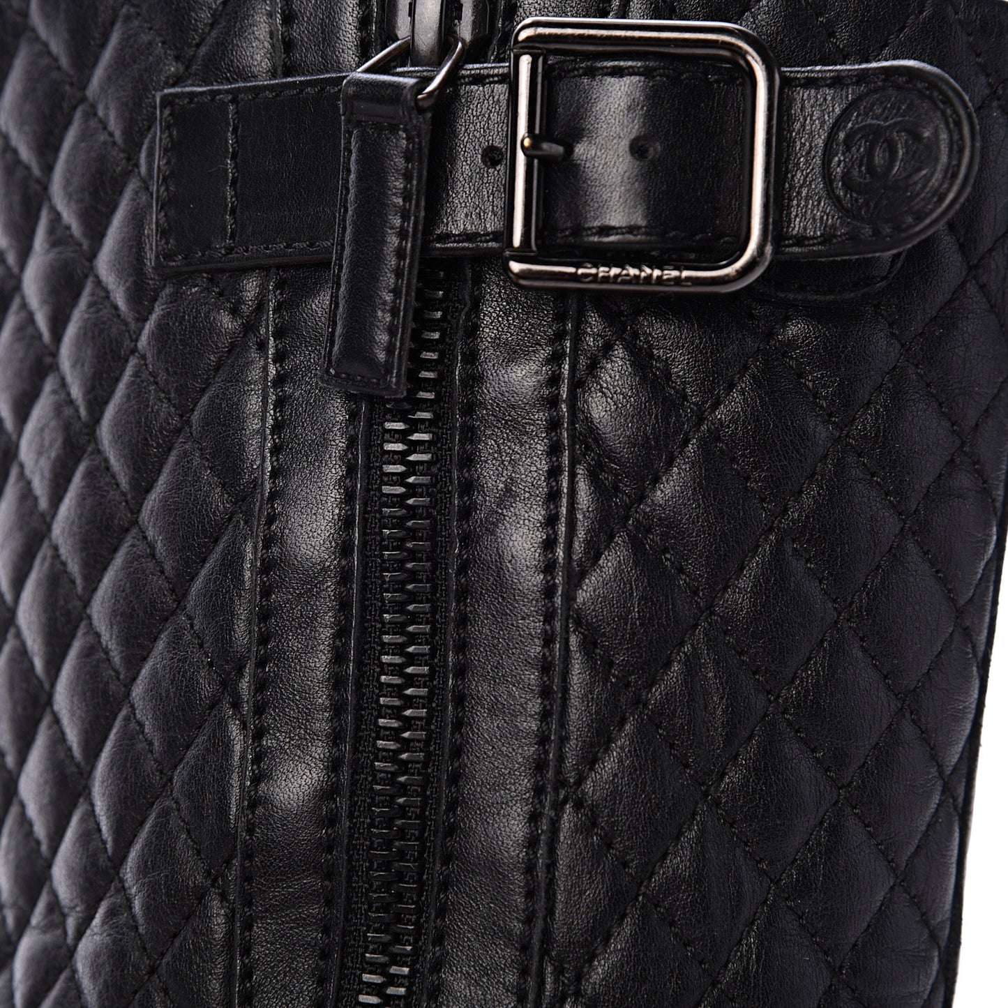 Calfskin Quilted Biker Boots 36.5 Black