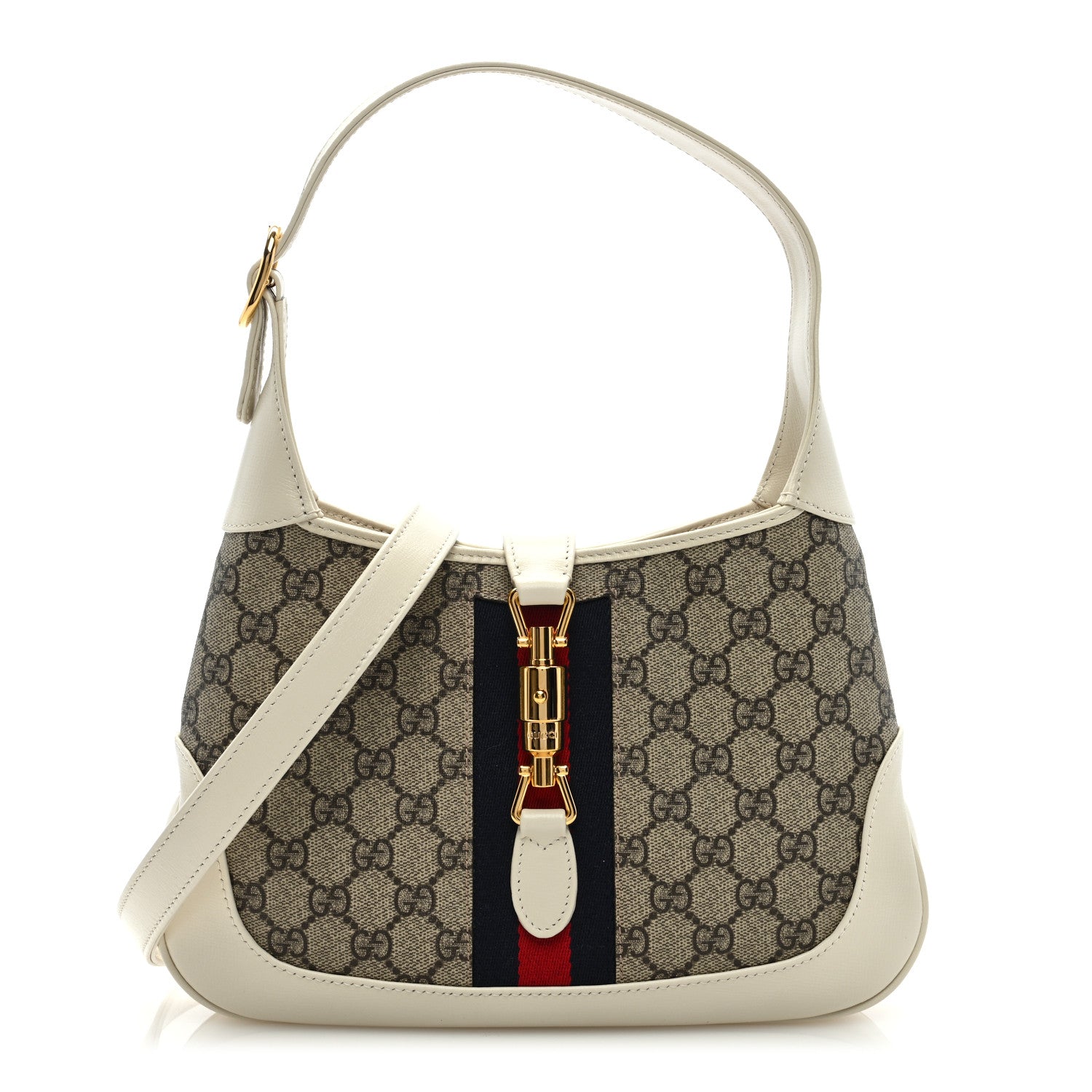 Gucci GG Supreme Monogram Azalea Calfskin Web Small Jackie 1961 Hobo Beige Ebony Mystic White 1 of 8