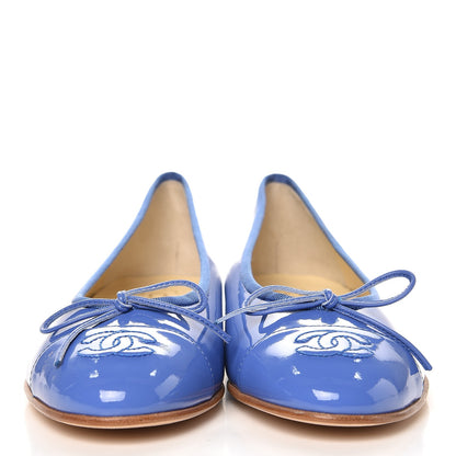 Chanel Calfskin Patent CC Cap Toe Ballerina Flats 37 Blue 3 of 9