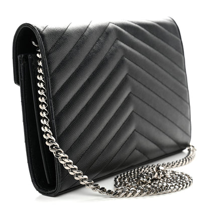 Saint Laurent Grain De Poudre Matelasse Chevron Monogram Chain Wallet  Black 3 of 12