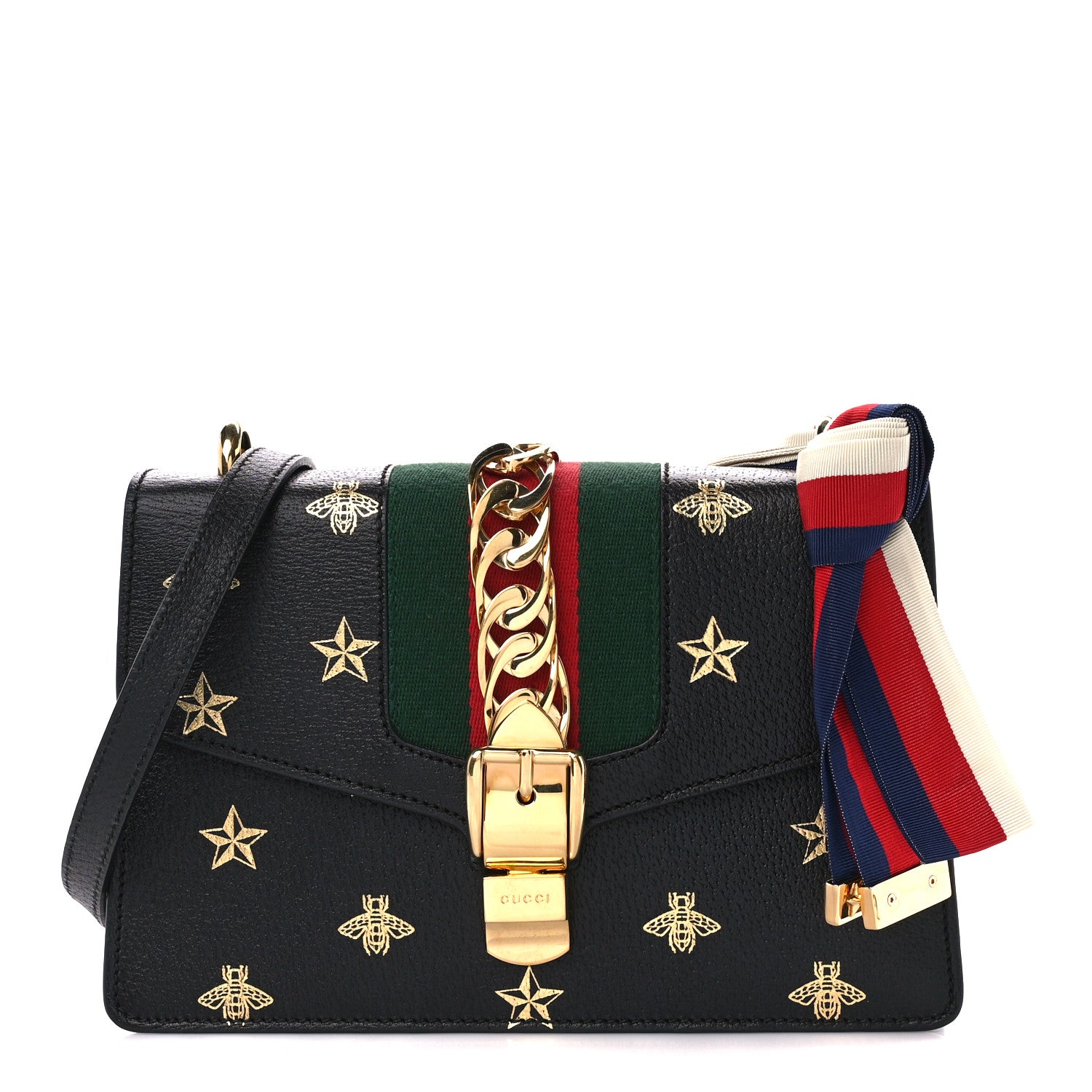 Gucci Textured Calfskin Bee Star Print Small Sylvie Shoulder Bag Black 1 of 11