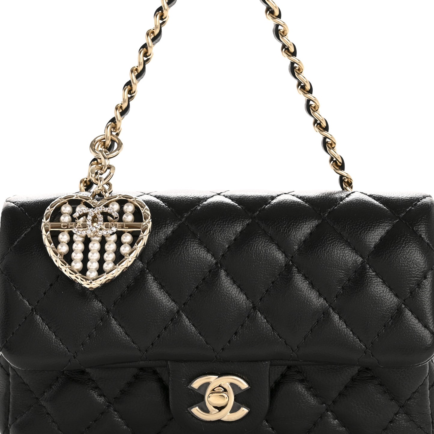 Lambskin Quilted Mini Flap Bag Charm With Hook Black