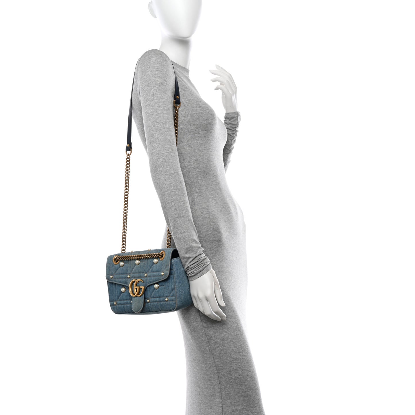 Denim Matelasse Pearl Studded Small GG Marmont Shoulder Bag Blue
