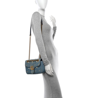 Gucci Denim Matelasse Pearl Studded Small GG Marmont Shoulder Bag Blue 2 of 10