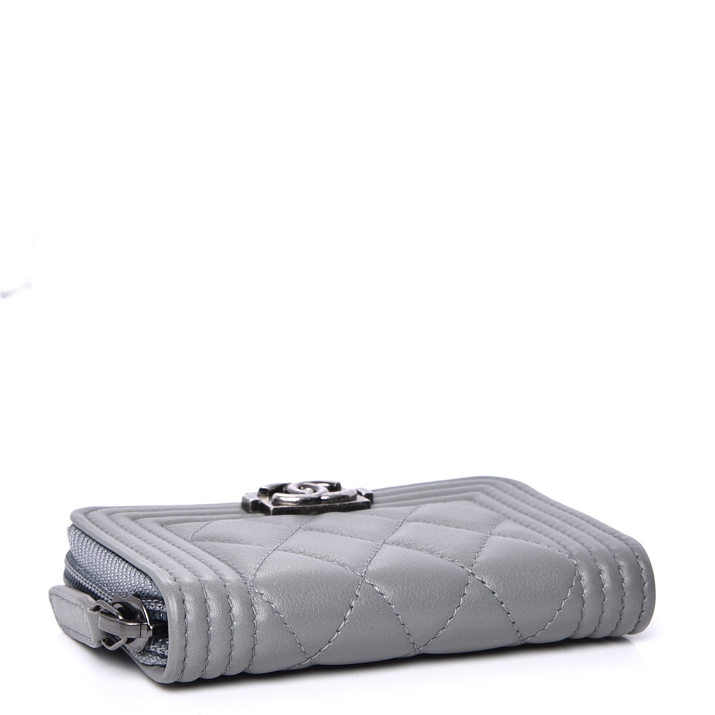 Calfskin Quilted Boy Zip Around Coin Purse Wallet Grey