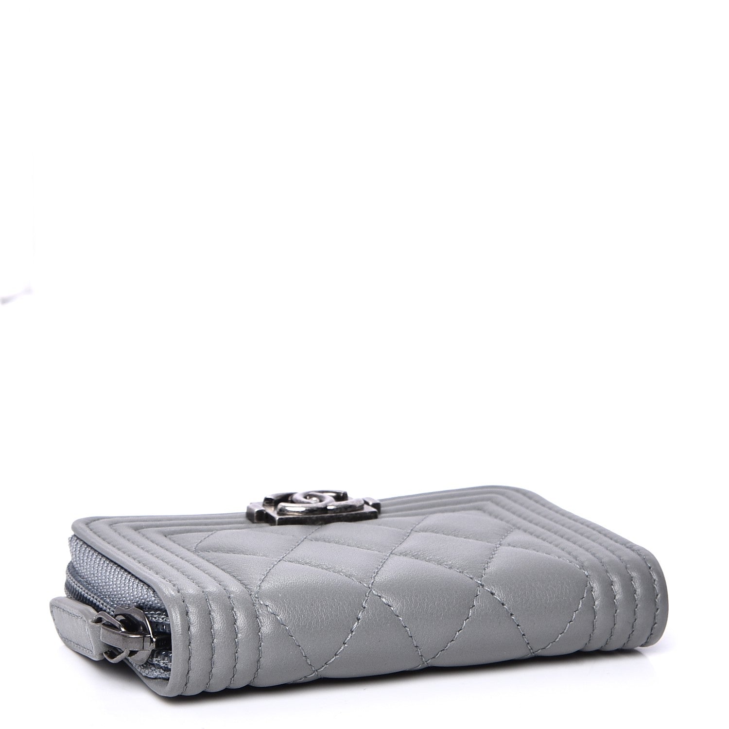 Chanel Calfskin Quilted Boy Zip Around Coin Purse Wallet Grey 4 of 8