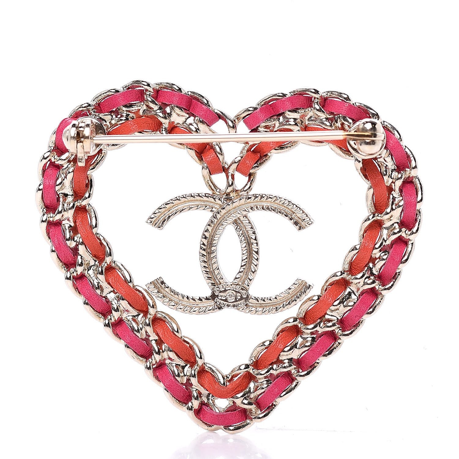 Chanel Metal Calfskin Braided Heart CC Brooch Pink Red Gold 3 of 5