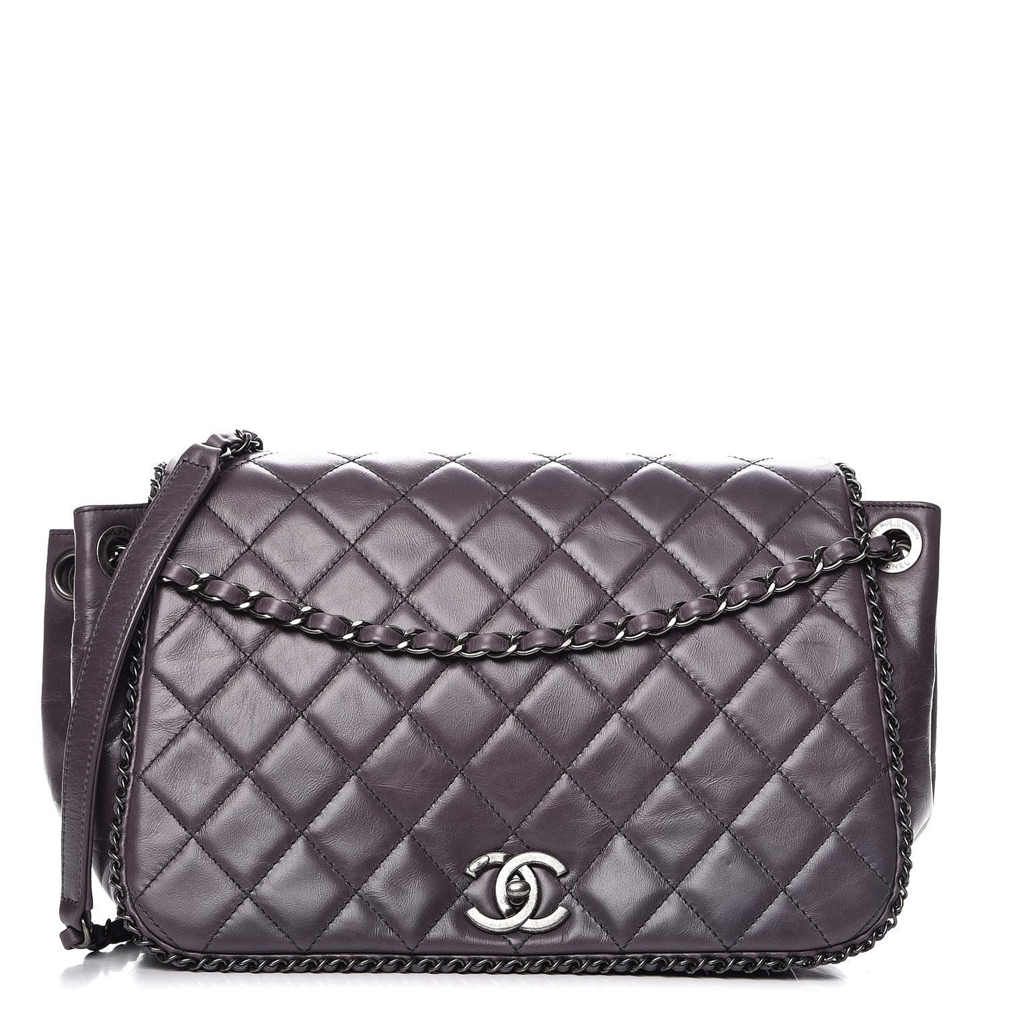 Calfskin Quilted Large CC Enchained Accordion Flap Grey
