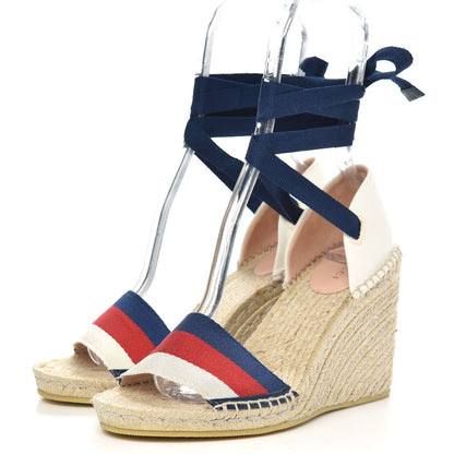 Gucci Canvas Sylvie Web Ankle Wrap Espadrille Wedge Sandals 39 Mystic White Hibiscus Red Maritime 3 of 9