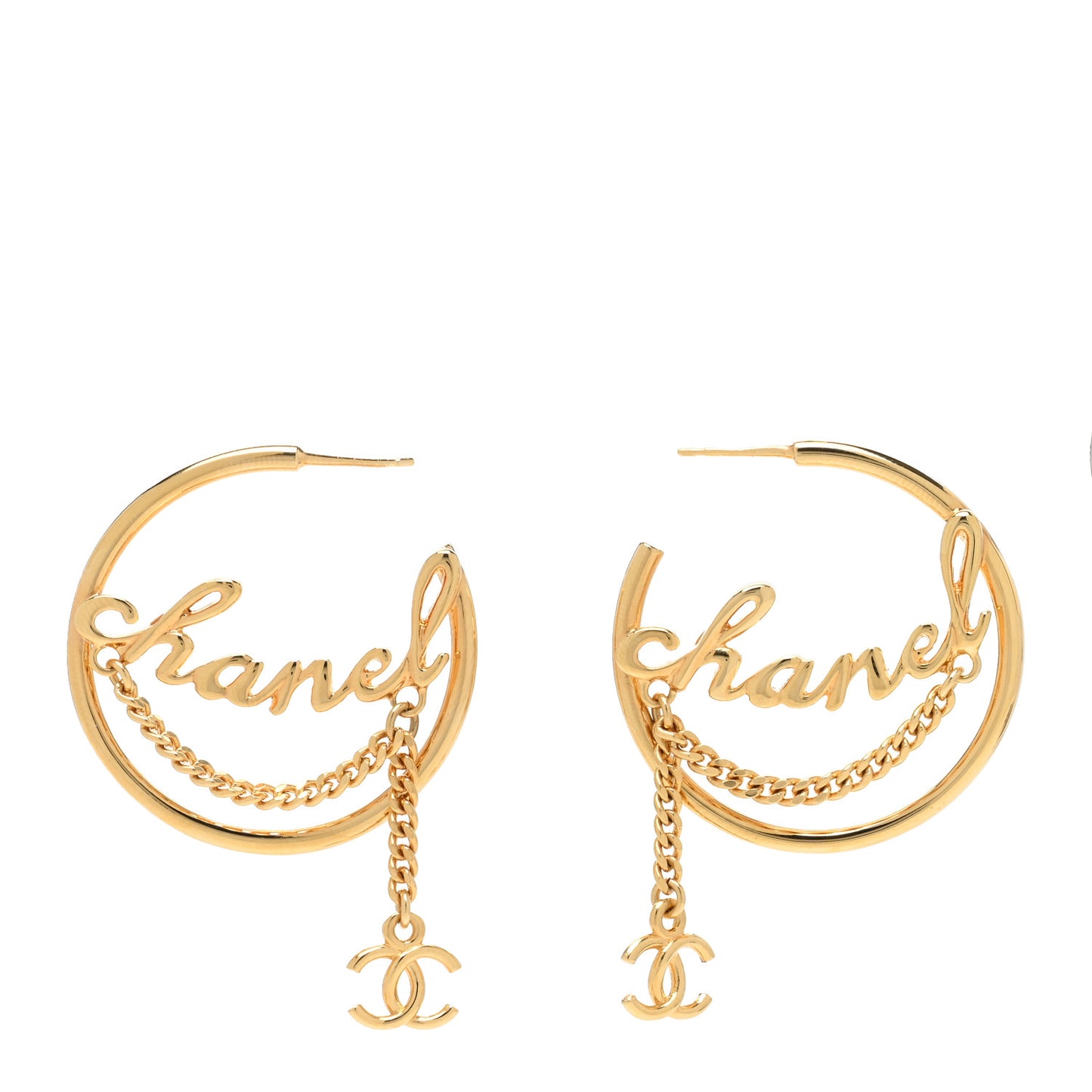 Metal Chain CC Hoop Earrings Gold