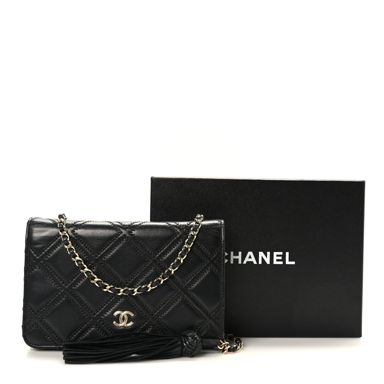 Chanel Lambskin Quilted Double Stitch Tassel Wallet On Chain WOC Black 10 of 10