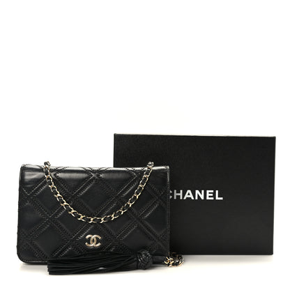 Chanel Lambskin Quilted Double Stitch Tassel Wallet On Chain WOC Black 10 of 10