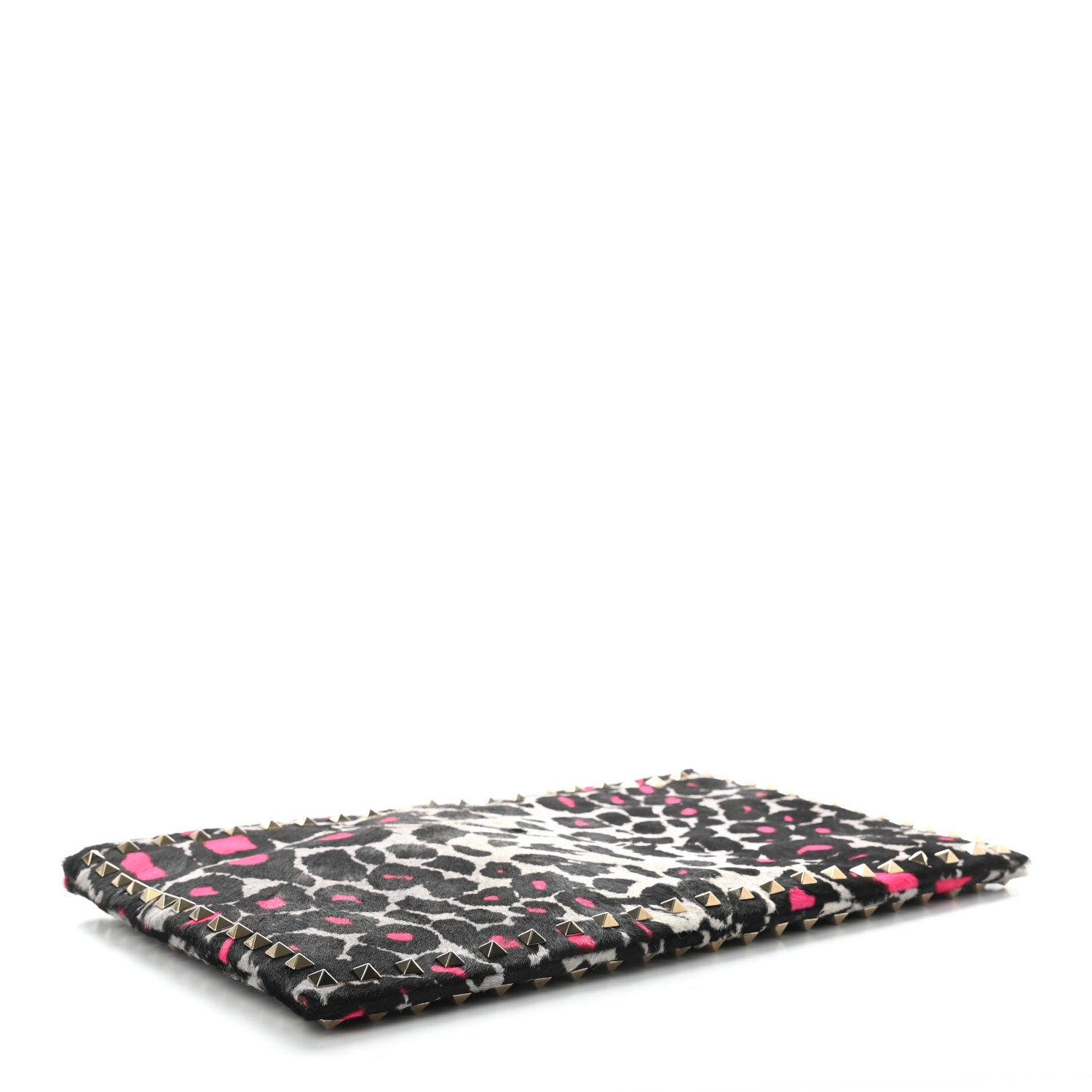 Valentino Garavani Calf Hair Leopard Print Large Rockstud Zip Wristlet Pouch Grey Pink 3 of 6